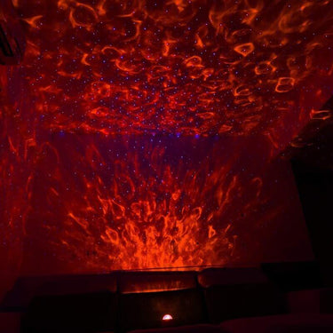 chambre éclairée en rouge avec ciel étoilé rouge